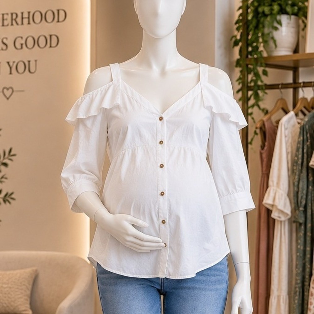 Motherhood Maternity White Cold Shoulder Button Front Shirt Dress M